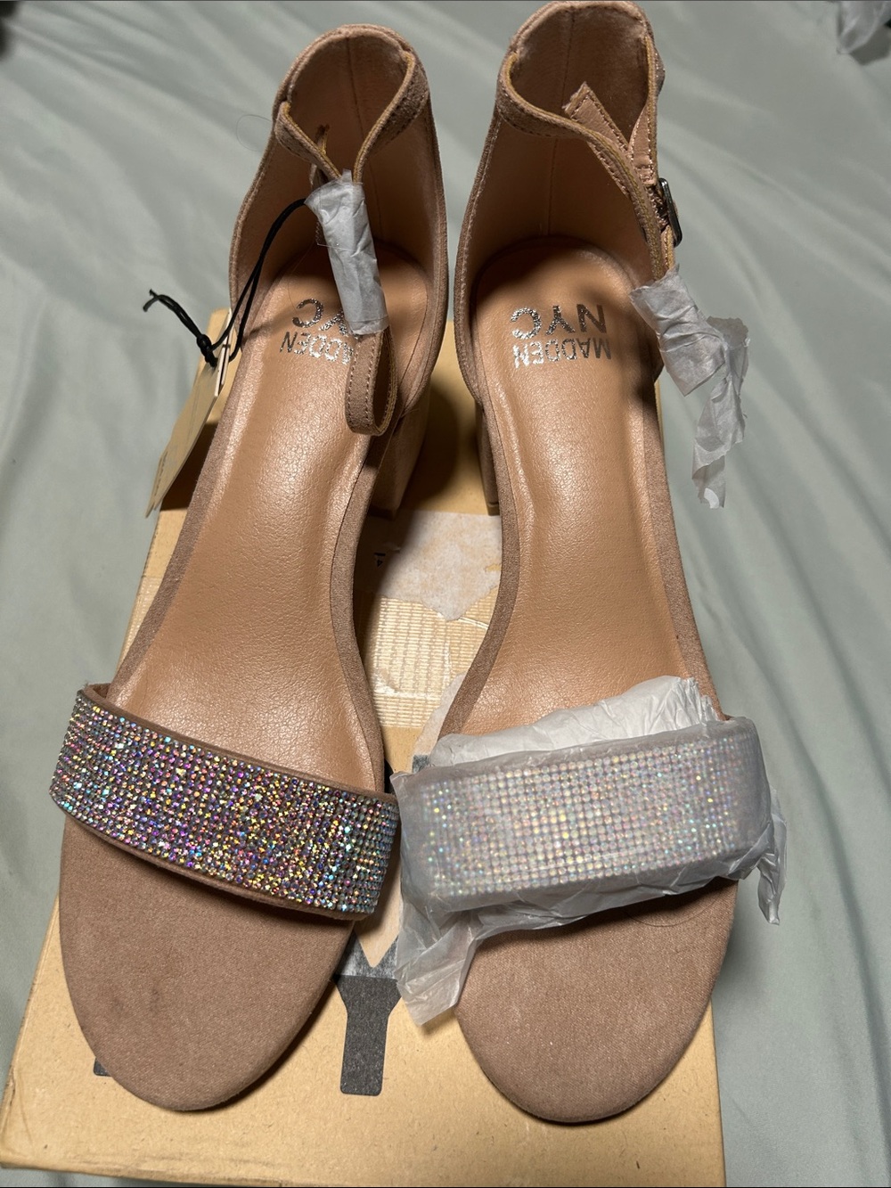New Rhinestone Strap Nude Block Heel Sandals